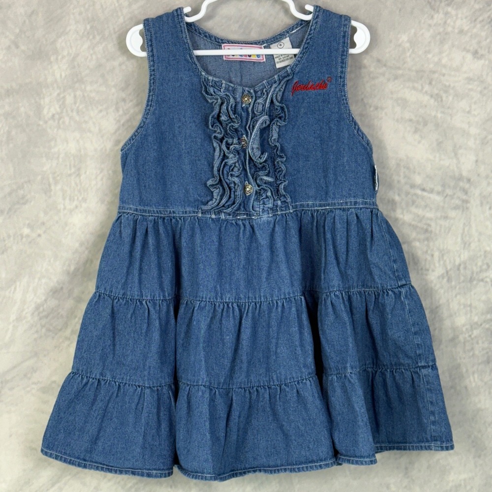 Vtg 90s Jordache Kids Girls Denim Jumper Dress Tiered Ruffle Button Front Size 6